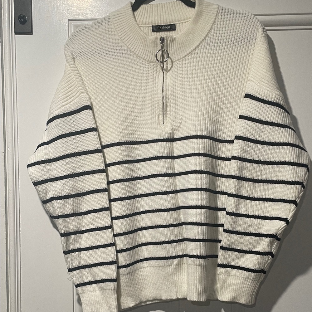 Women's White and Black Striped Turtleneck Sweater